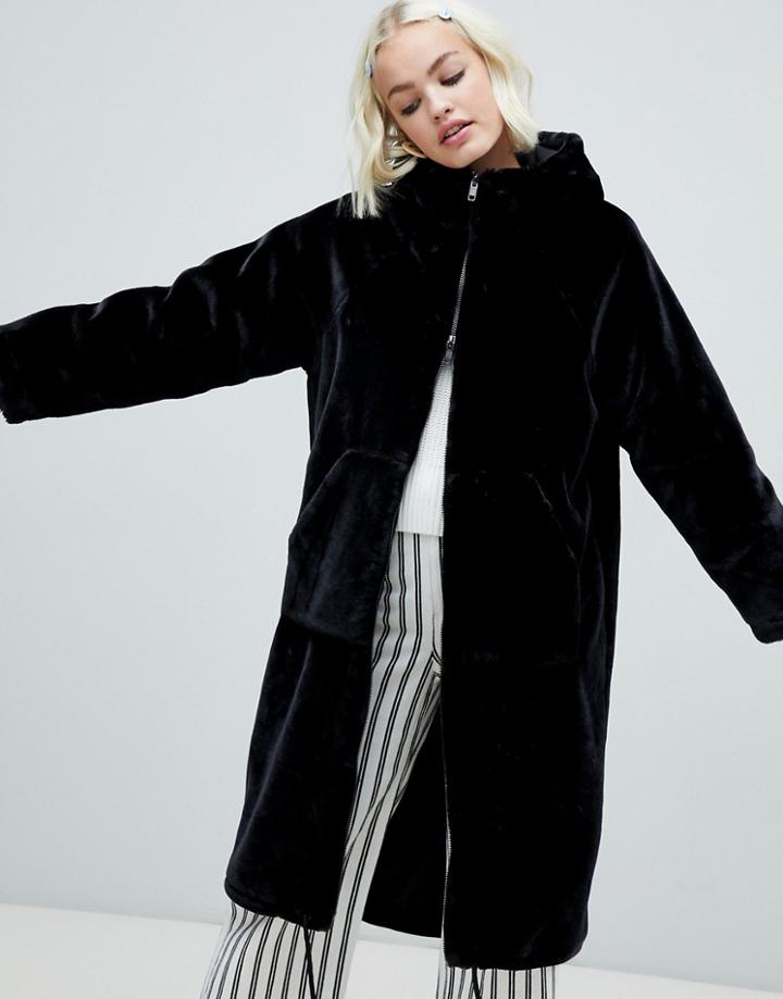 Monki Faux Fur Zip Hooded Coat In Black - Blue