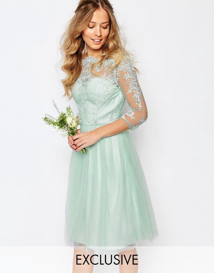 Chi Chi London Bardot Neck Midi Dress With Premium Lace And Tulle Skirt - Morning Mist