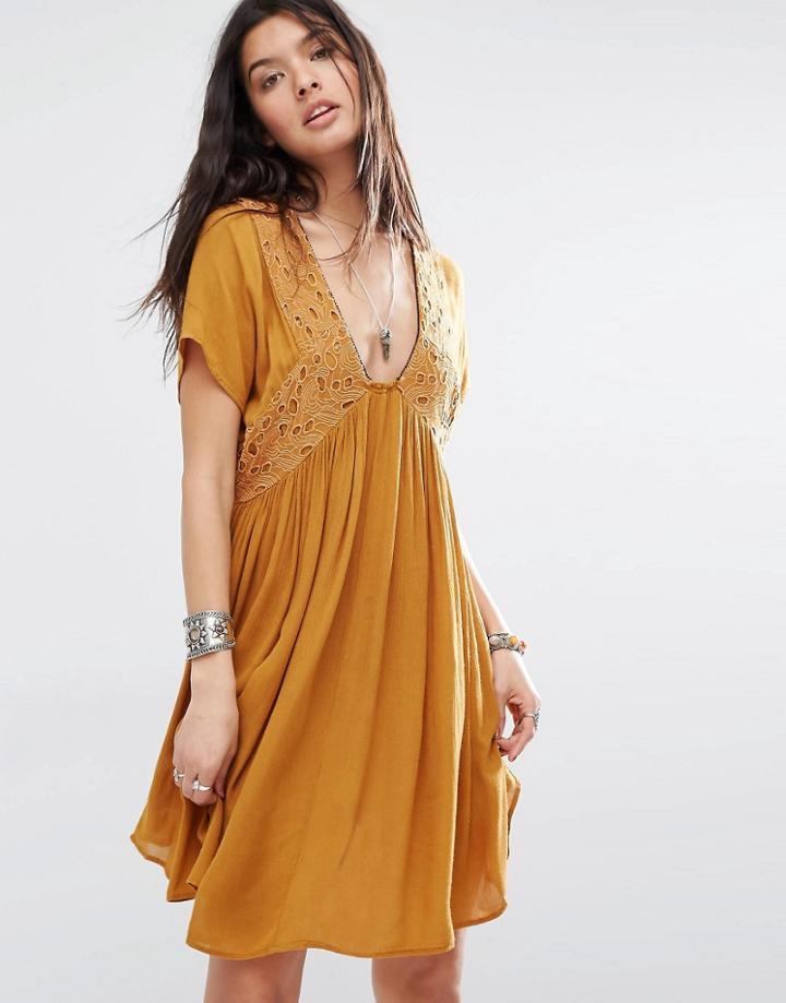 Mango Plunge Front Embroidered Smock Dress - Brown