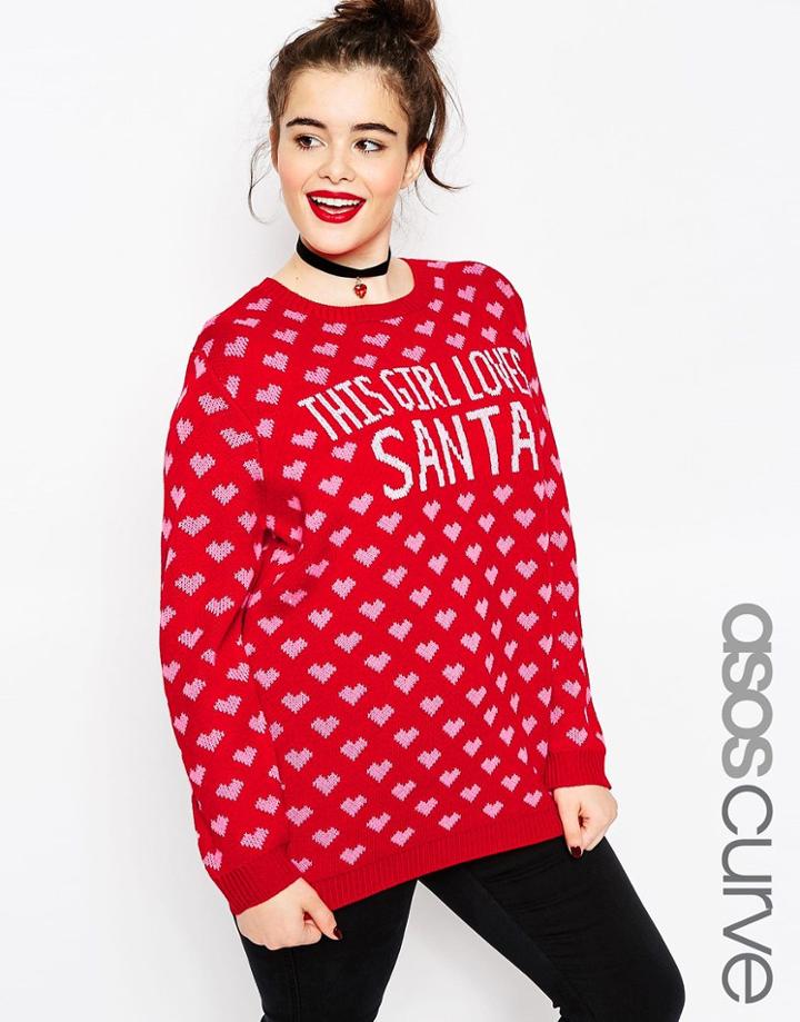Asos Curve Holidays Sweater With 'this Girl Loves Santa' - Red