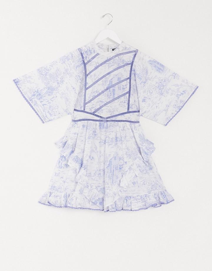 Asos Design High Neck Mini Skater Dress With Ladder Inserts In Blue And White Toile De Joue-multi