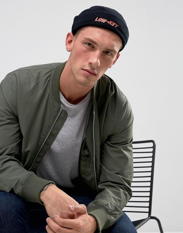 Asos Mini Fisherman Beanie In Black With Low Key Embroidery - Black