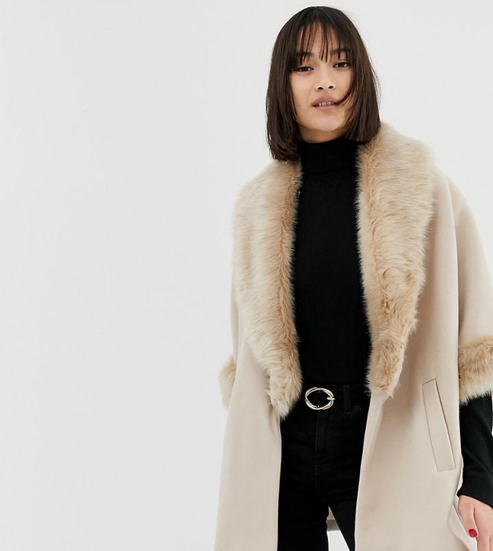 River Island Swing Coat With Faux Fur Collar In Stone - Stone