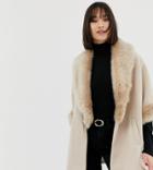 River Island Swing Coat With Faux Fur Collar In Stone - Stone
