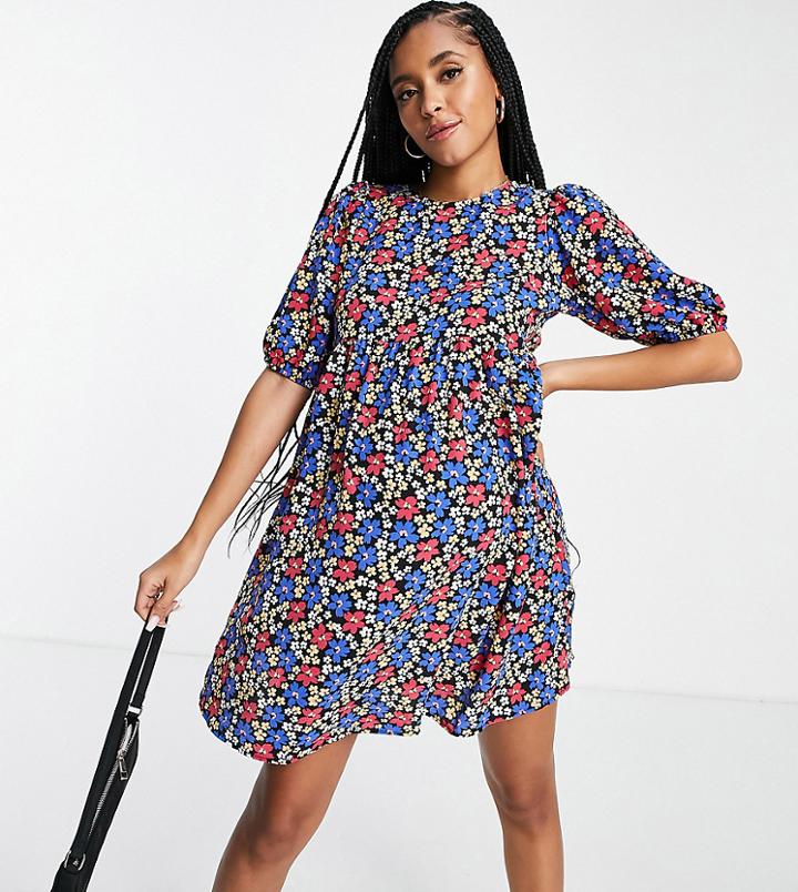 Asos Design Maternity Short Sleeve Smock Mini Dress In Black Based Floral-multi