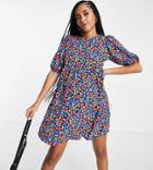 Asos Design Maternity Short Sleeve Smock Mini Dress In Black Based Floral-multi