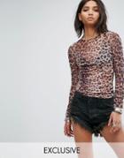Rokoko Ruched Mesh Top In Leopard Print - Brown