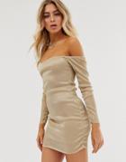 In The Style Metallic Sheer Bardot Dress-gold