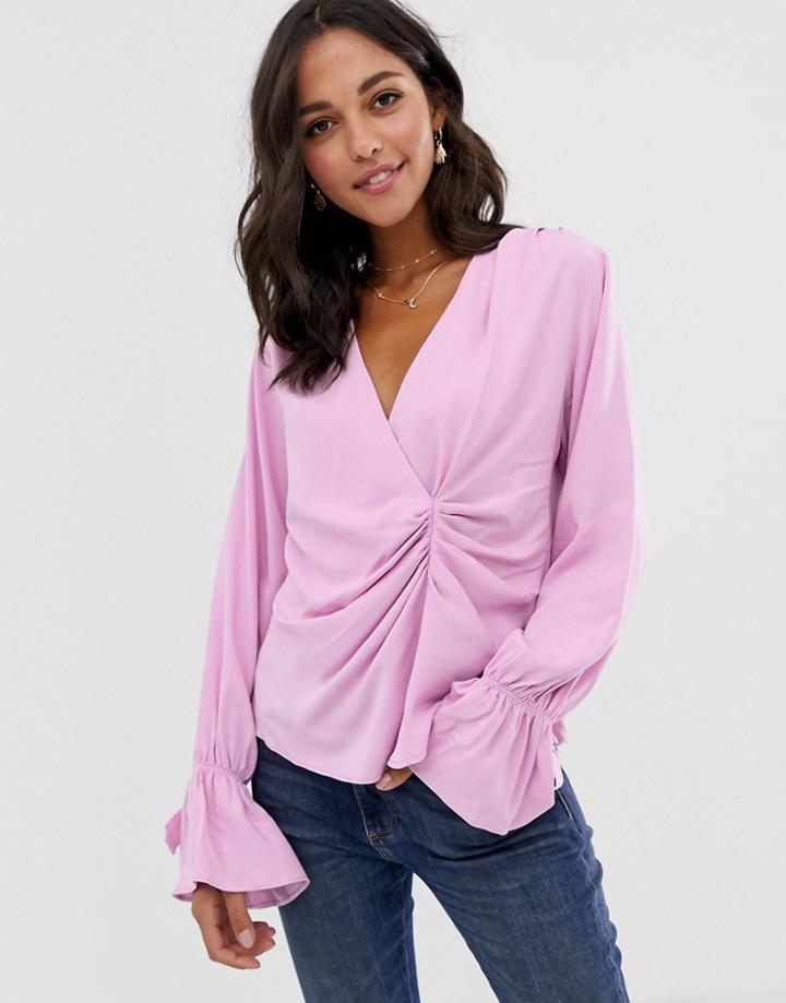 Asos Design Long Sleeve Gathered Drape Front Top-pink