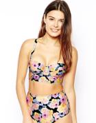 Asos Fuller Bust Vintage Floral Longline Bandeau Bikini Top Dd-f - Pink And Lemon Flora
