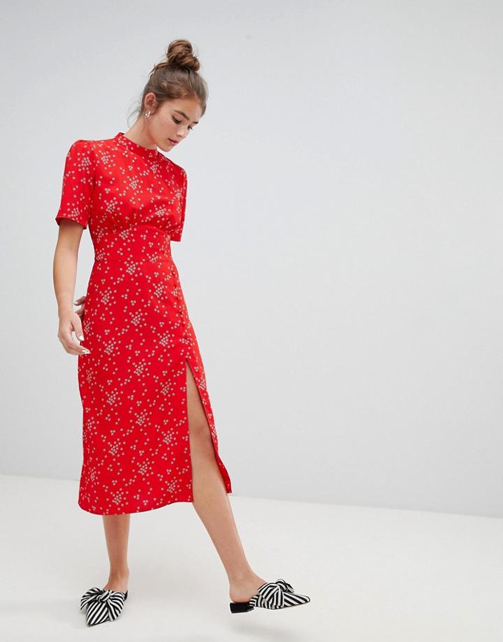 Asos Design Midi Tea Dress With Buttons In Star Print - Multi