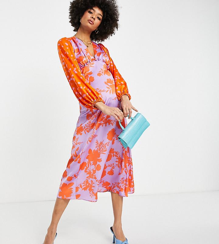 Asos Design Maternity Frill Open Back Satin Midi Dress In Mixed Red And Lilac Print-multi