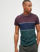 Asos Design T-shirt With 3 Panel Color Block In Burgundy - Red