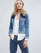 Only Denim Jacket With Faux Fur Collar - Blue