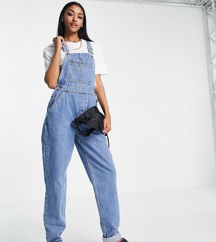 Asos Design Tall 'original' Denim Overalls In Midwash-blue