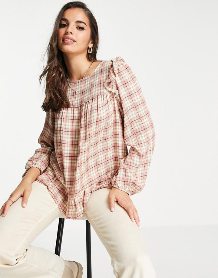 New Look Frill Sleeve Smock Blouse In Pink Check