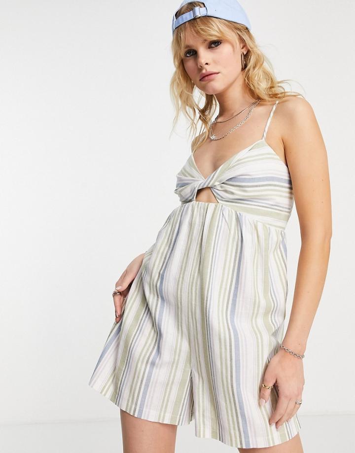 Topshop Linen Pastel Stripe Tie Front Romper In Multi