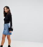 Asos Petite Denim Original High Waisted Skirt In Mid Stonewash Blue - Blue