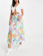Asos Design Full Midi Skirt With Elasticated Waist In White Based Bright Floral Print-multi