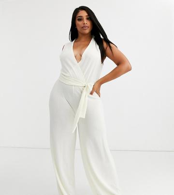 Loungeable Tie Front Plus Size Wide Leg Jumpsuit In Cream