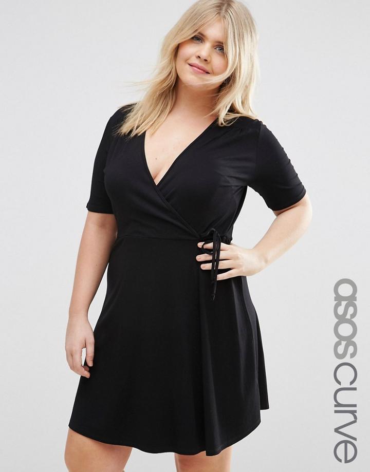 Asos Curve Skater Wrap Tea Dress - Black