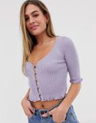 Asos Design Short Sleeve Button Front Cardigan With Scoop Neck - Purple
