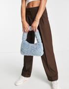 Asos Design Curved 90s Shoulder Bag In Blue Faux Fur-blues