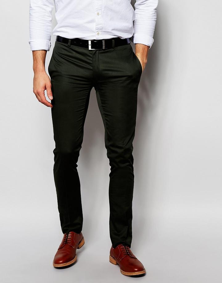 Asos Super Skinny Fit Smart Pants In Cotton Sateen - Dark Green