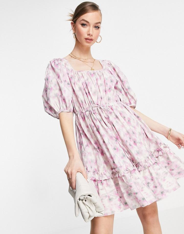 & Other Stories Cotton Floral Print Smock Mini Dress In Pink