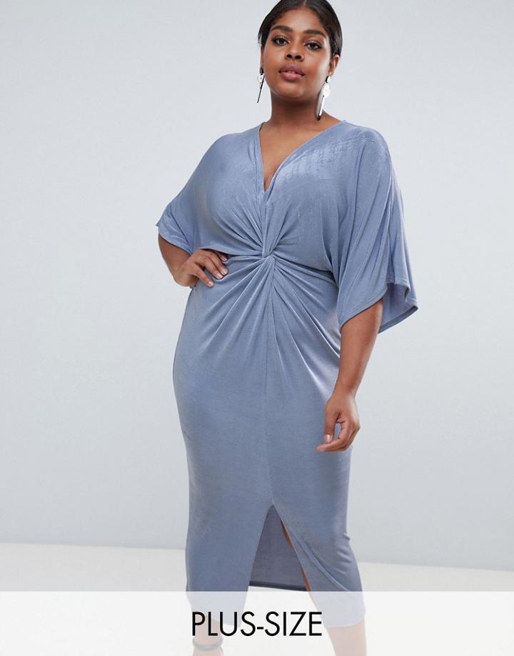 Missguided Plus Kimono Sleeve Twist Front Midi Dress In Blue - Blue