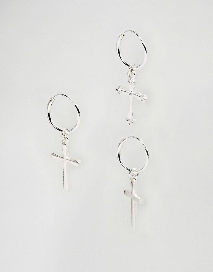 Chained & Able Hanging Cross Hoop Earrings In Silver - Silver
