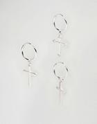 Chained & Able Hanging Cross Hoop Earrings In Silver - Silver