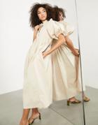 Asos Edition High Neck Button Front Cotton Midi Dress With Full Skirt In Stone-neutral