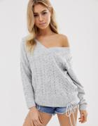 Asos Design V Neck Cable Sweater With Tie Detail In Recycled Blend - Gray