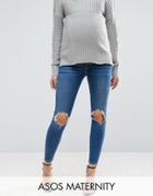 Asos Maternity Ridley Skinny Jeans In Roy Dark Stonewash With Busted Knees With Under The Bump Waistband - Blue