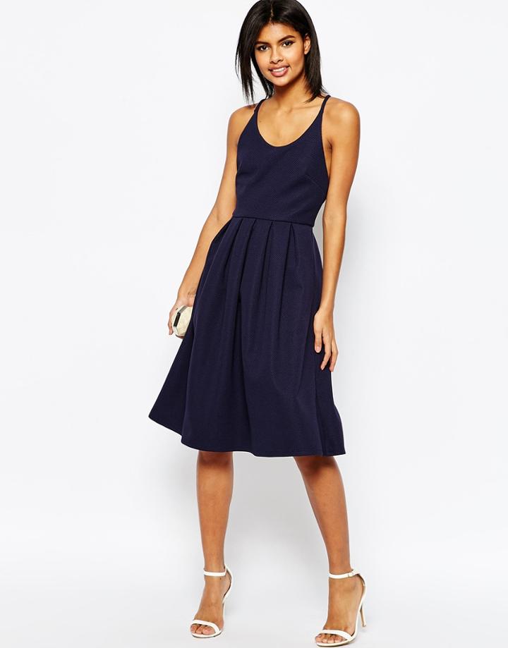 Asos Bonded Mesh Midi Dress With Cross Back - Navy