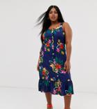 Influence Plus Button Through Midi Dress In Tropical Floral Print-blue