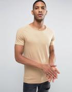 Liquor & Poker Muscle Fit T-shirt Raw Hem Scoop Neck - Beige