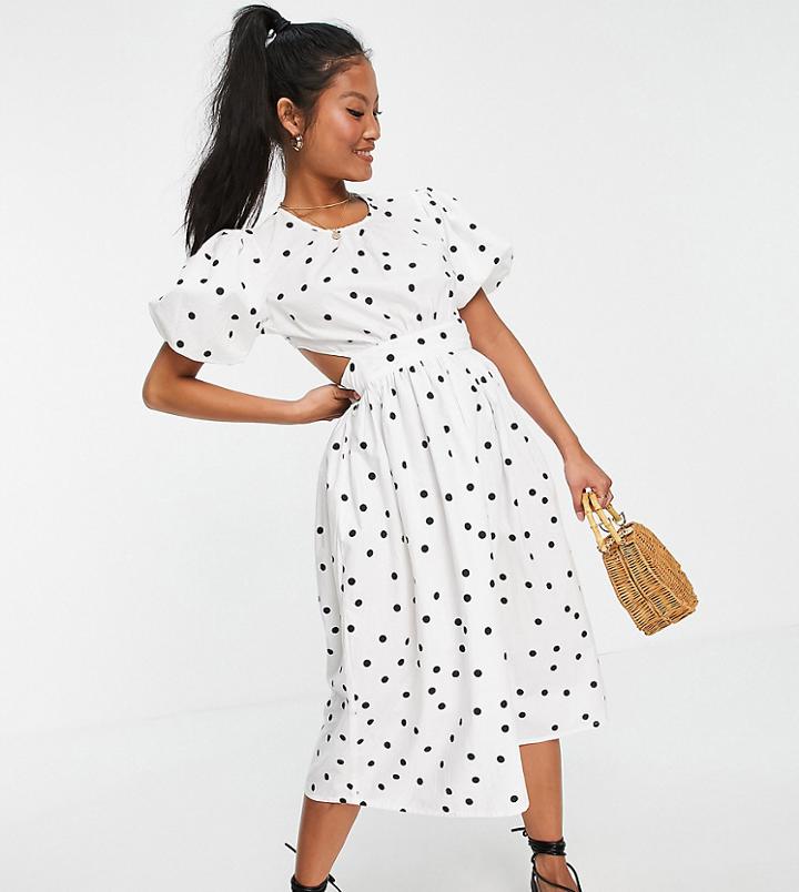 Influence Petite Puff Sleeve Cotton Poplin Midi Dress In Polka Dot-white