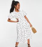 Influence Petite Puff Sleeve Cotton Poplin Midi Dress In Polka Dot-white