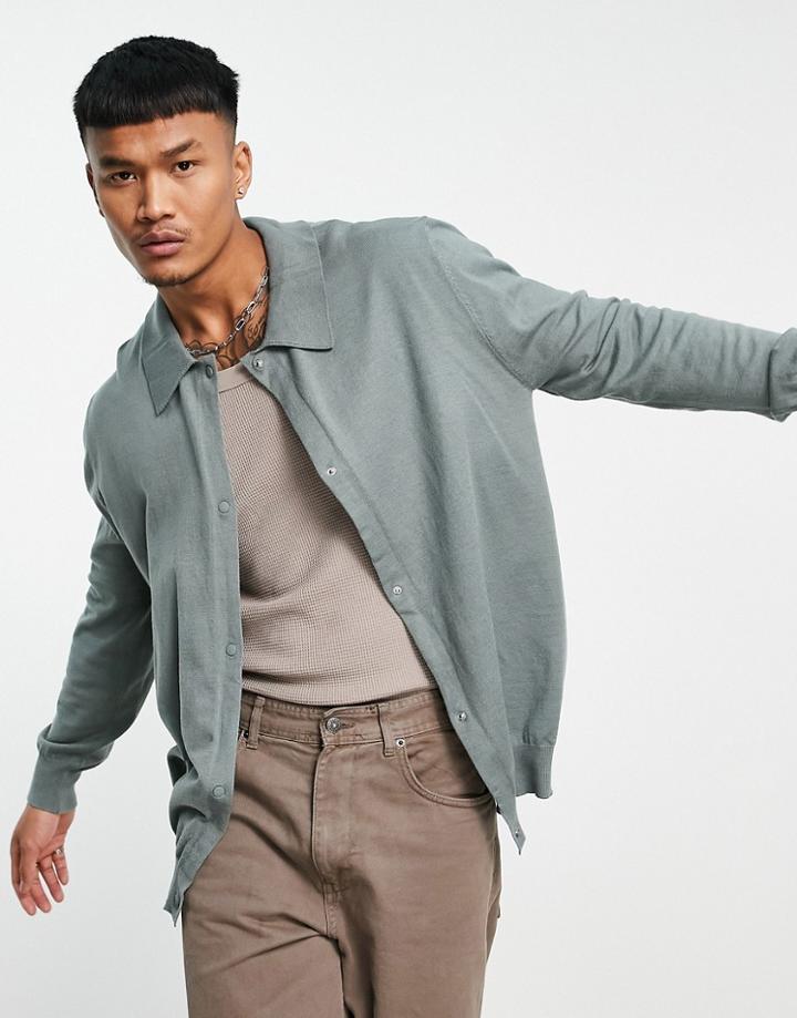 Bando Knitted Revere Collar Boxy Fit Knitted Shirt-green