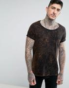 Asos Longline T-shirt With Bleach Spray Wash In Orange And Black - Black