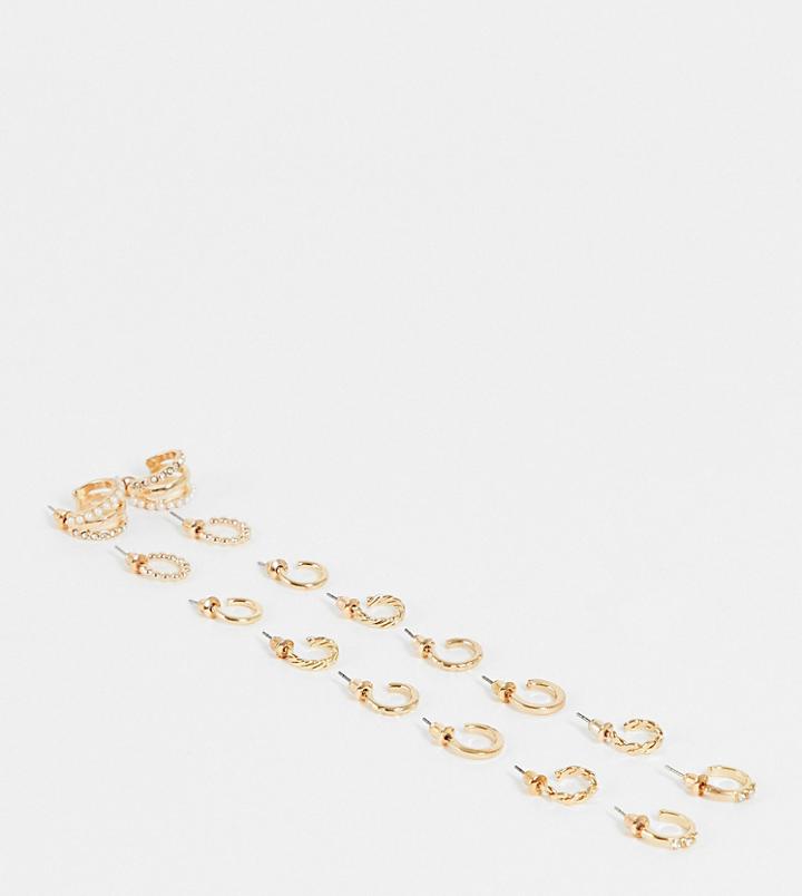 Asos Design Pack Of 8 Hoop Earrings With Mixed Pearl Designs In Gold Tone