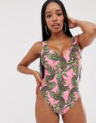Asos Design Fuller Bust Exclusive Notch Neck Swimsuit In Pink Tropical Tiger Print - Multi