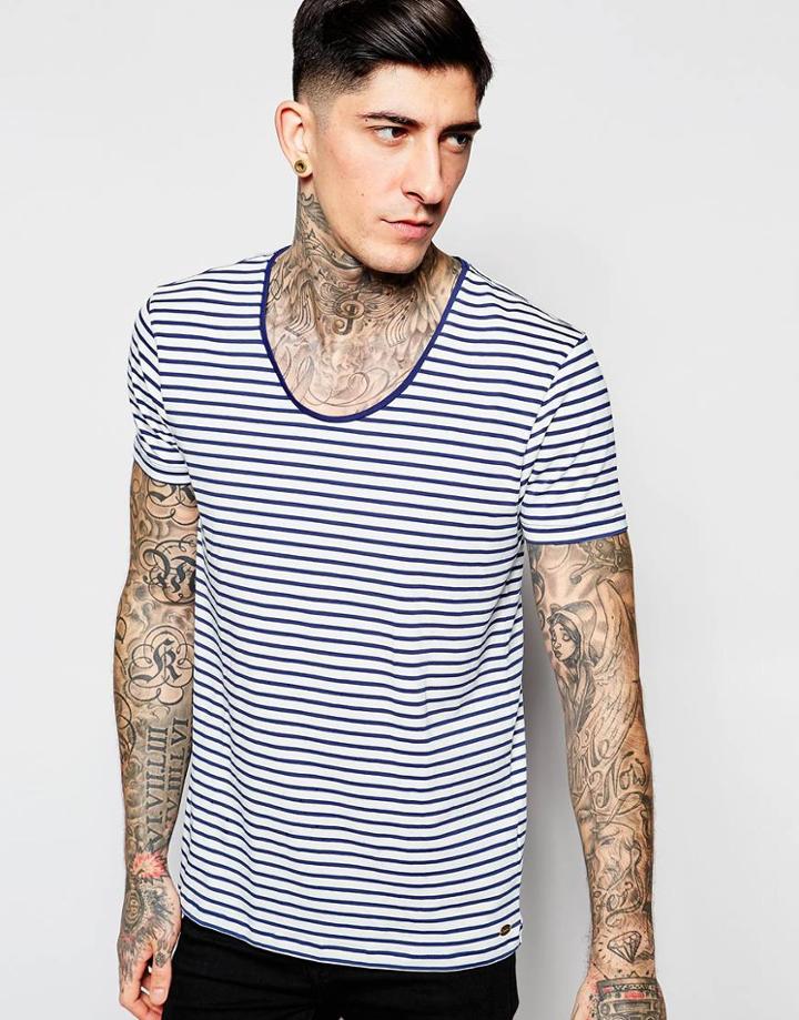Scotch & Soda T-shirt With Breton Stripe In Navy Long Sleeves