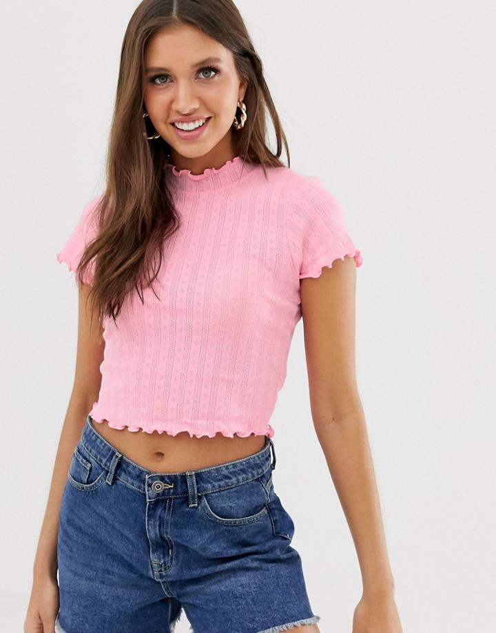 Asos Design Top In Pointelle In Pink With Tonal Stitch - Pink