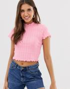 Asos Design Top In Pointelle In Pink With Tonal Stitch - Pink