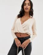 Asos Design Wrap Slinky Top With Collar-cream