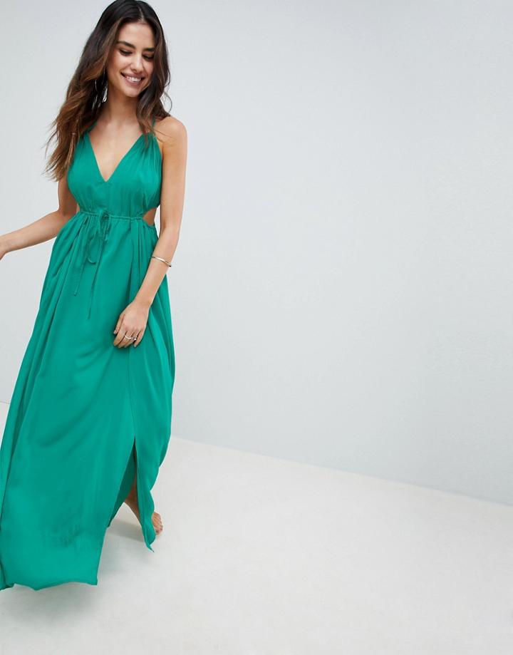 Asos Design Halter Maxi Beach Dress With Cut Out Sides - Green