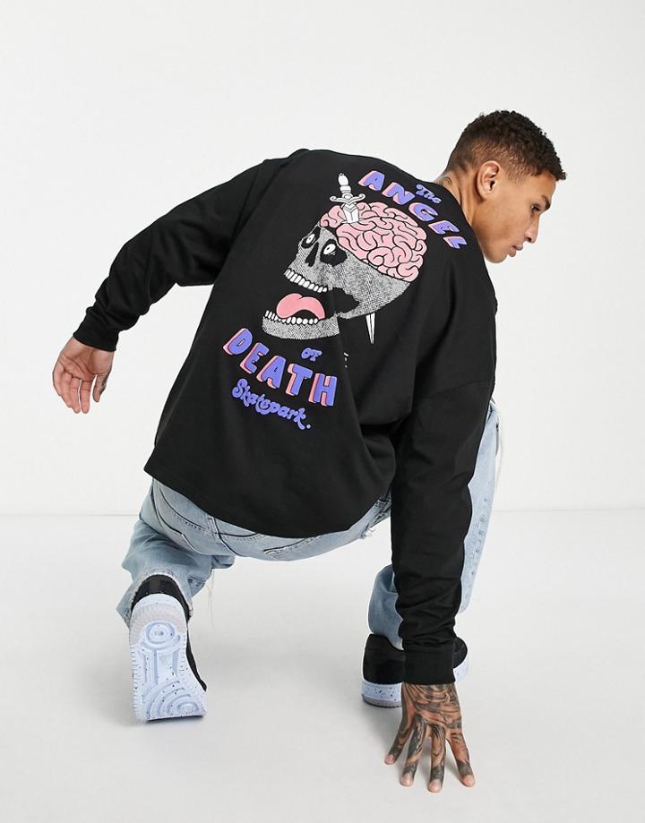 Asos Design Oversized Long Sleeve T-shirt In Black With Cartoon Skull Back & Chest Print